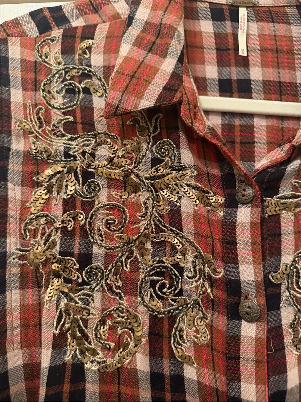 0145. Free People Snow Topped Mountains Rust Plaid Embroidered Button-Down Shirt - Picture 6 of 13